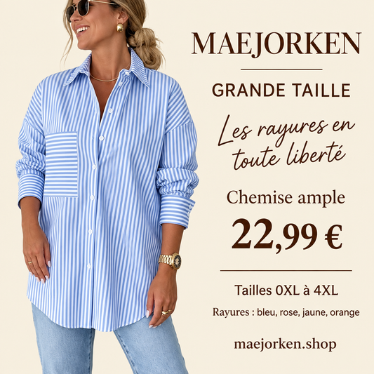 Affiche MAEJORKEN chemise rayée bleue à 22,99 €, grande taille du 0XL au 4XL, proposée en bleu, rose, jaune et orange.