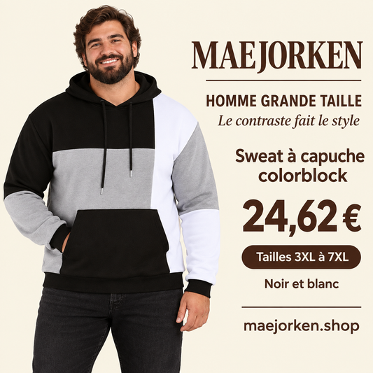 Mannequin homme grande taille portant le sweat à capuche noir blanc et gris, tailles 3XL à 7XL, prix 24,62 €.