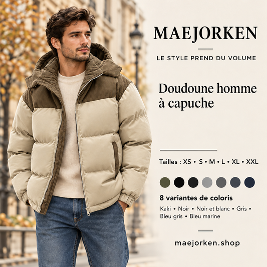 Affiche MAEJORKEN sans prix, mannequin portant la doudoune homme à capuche, tailles XS à XXL et coloris.