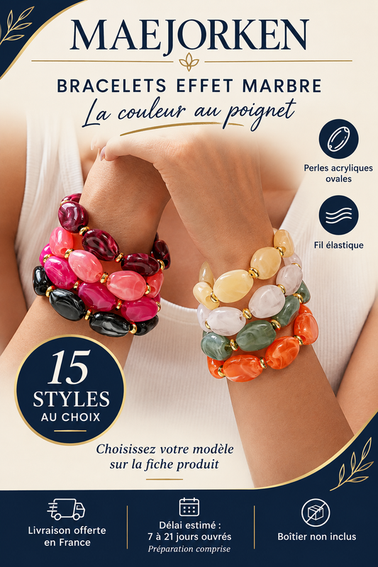 Bracelets à perles acryliques ovales effet marbre sur fil élastique, présentés en superposition. Quinze styles au choix. Livraison offerte en France, délai estimé 7 à 21 jours ouvrés préparation comprise. Boîtier non inclus.