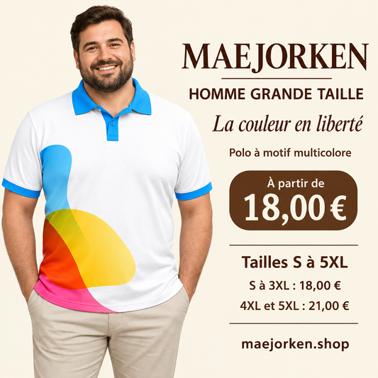 Mannequin homme grande taille portant le polo blanc à formes multicolores, S à 5XL, 18 € du S au 3XL et 21 € en 4XL et 5XL.