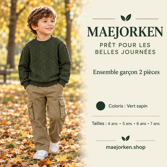 Ensemble garçon vert sapin et pantalon cargo MAEJORKEN, affiche sans prix