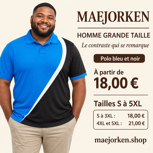 Mannequin homme grande taille portant le polo bleu et noir à bande blanche, S à 5XL, 18 € du S au 3XL et 21 € en 4XL et 5XL.