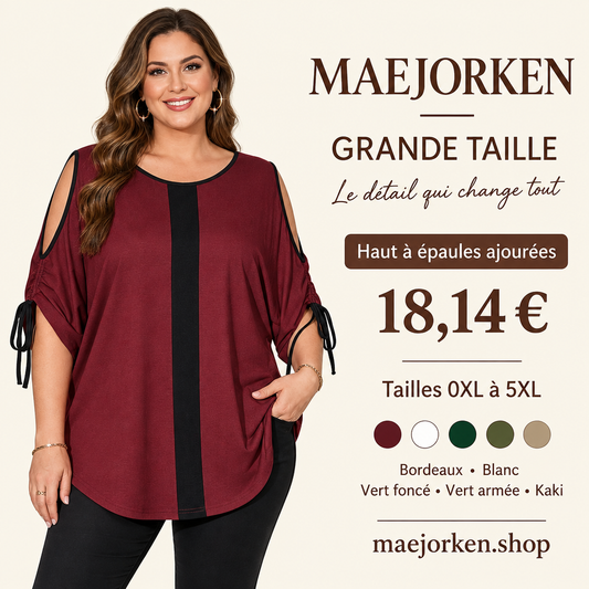Mannequin portant un haut bordeaux à épaules ajourées et finitions noires MAEJORKEN, 18,14 €, tailles 0XL à 5XL, cinq coloris.