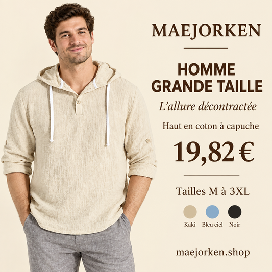Mannequin homme grande taille portant le haut beige clair texturé à capuche et col boutonné, M à 3XL, 19,82 €.