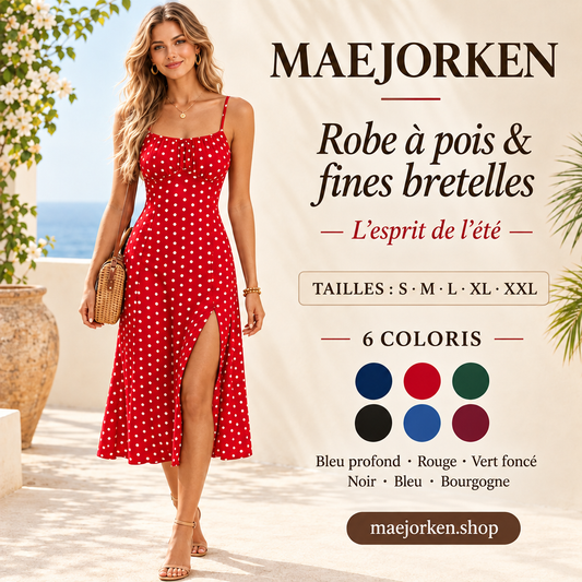 Affiche MAEJORKEN avec mannequin en robe rouge à pois blancs et fines bretelles, tailles S à XXL, six coloris, sans prix ni remise.
