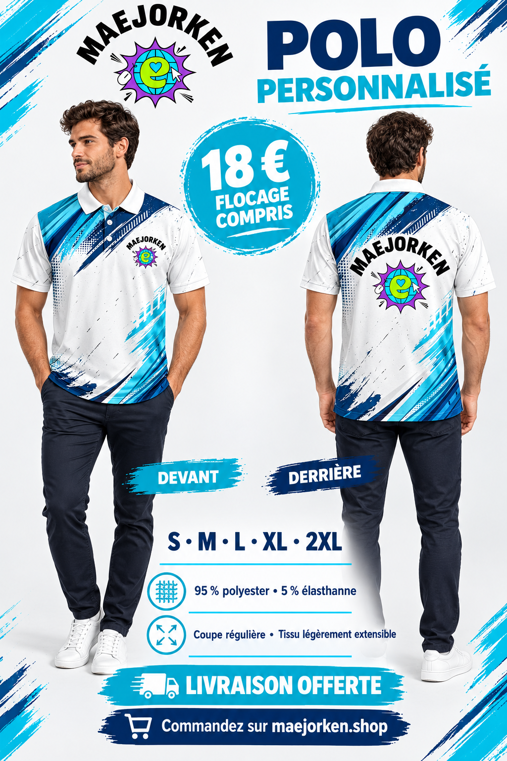 Polo bleu et blanc sur mannequin de face et de dos, logo complet MAEJORKEN devant et derrière, 18 €, tailles S à 2XL, flocage compris.