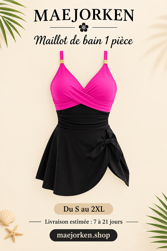 Affiche du maillot de bain rose et noir, tailles S au 2XL, livraison estimée de 7 à 21 jours.