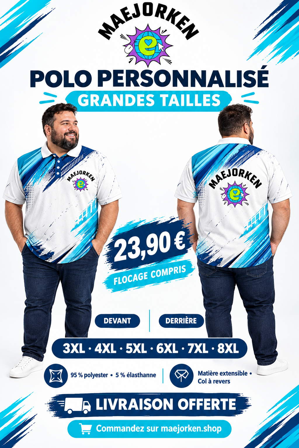 Polo bleu et blanc sur mannequin grande taille de face et de dos, logo complet MAEJORKEN devant et derrière, 23,90 €, 3XL à 8XL, flocage compris.