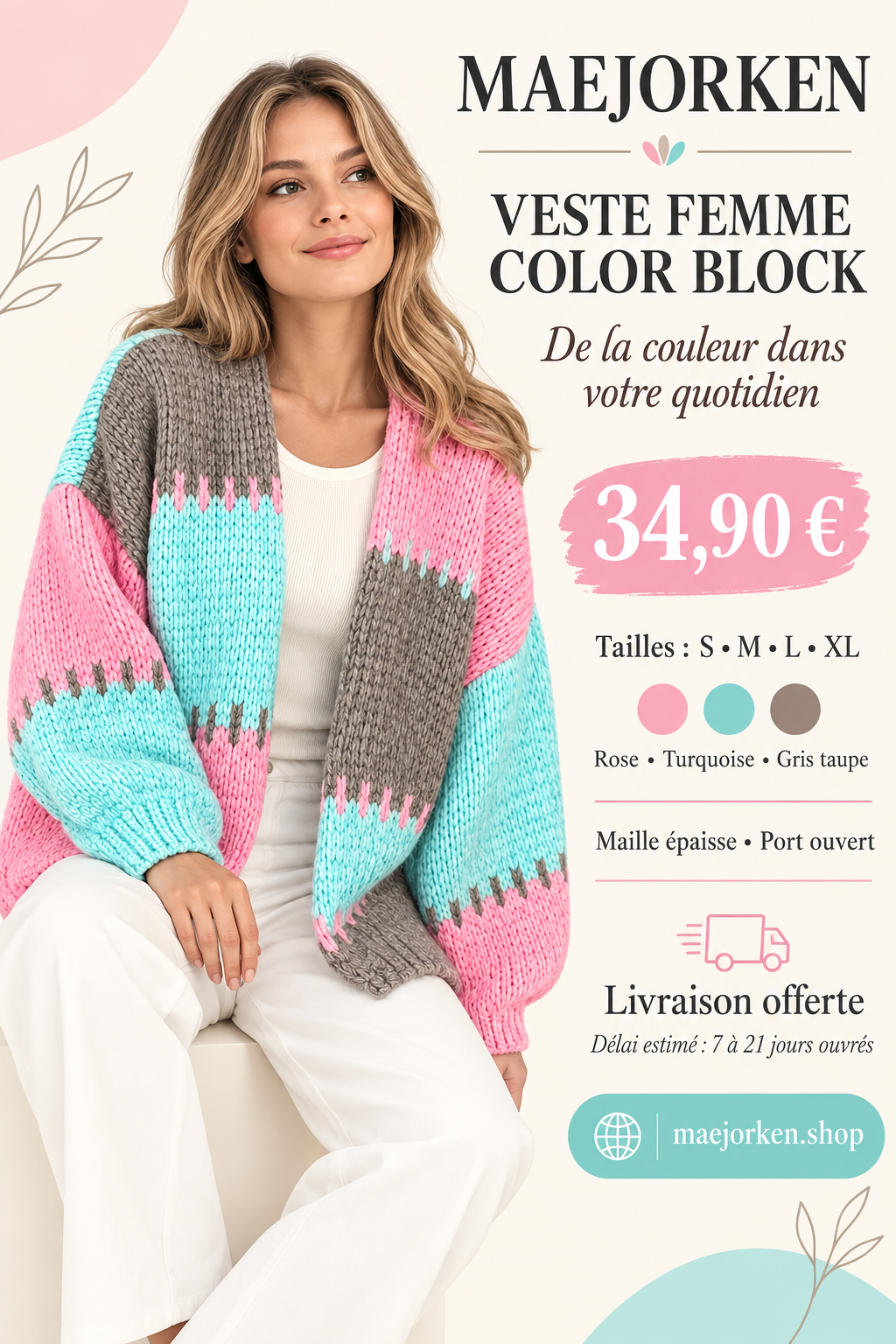 Affiche MAEJORKEN : veste femme en maille color block rose, turquoise et gris taupe, 34,90 €, tailles S à XL.