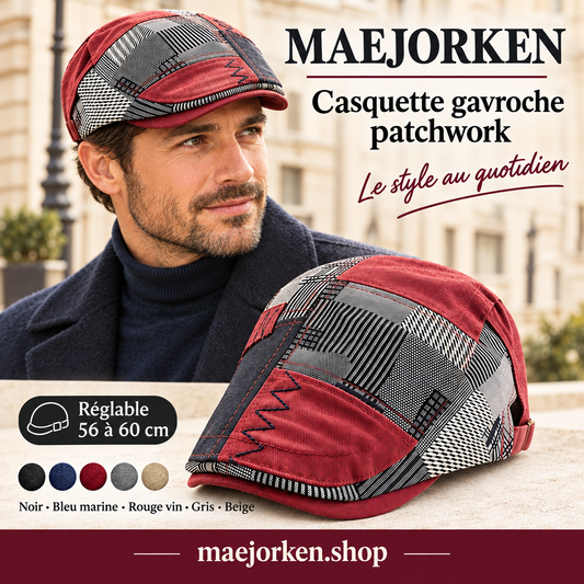 Affiche MAEJORKEN casquette gavroche patchwork avec mannequin, cinq coloris et tour de tête réglable 56 à 60 cm, sans prix ni promotion.
