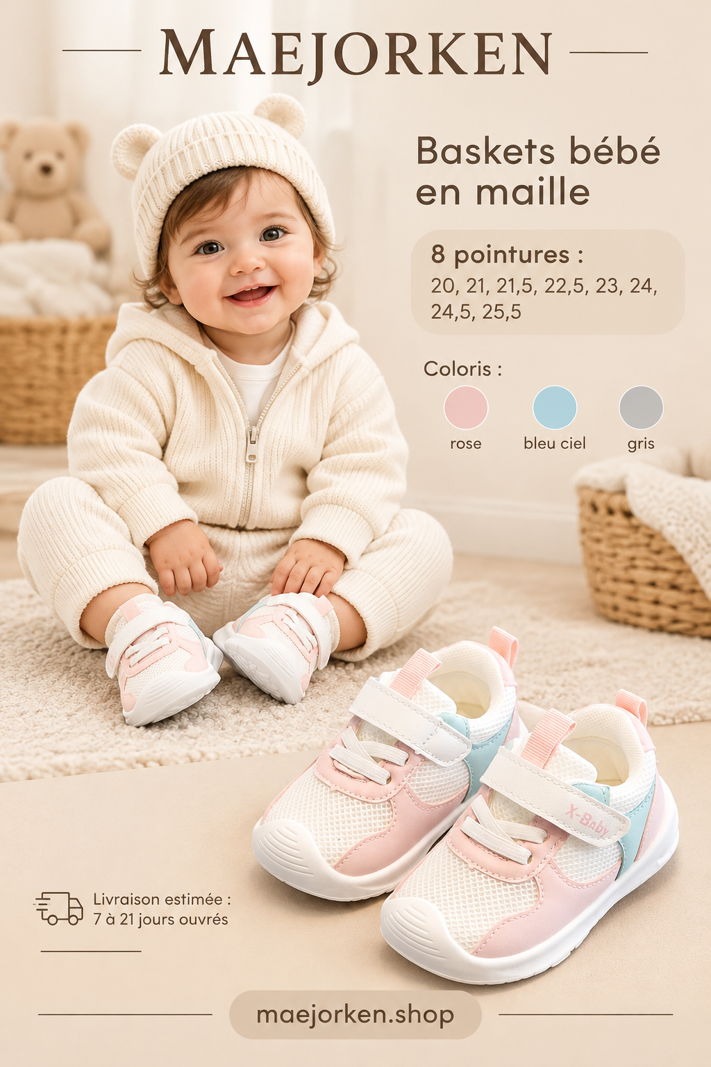Baskets rose pastel en maille portées par un bébé, huit pointures, coloris rose bleu ciel gris et livraison estimée 7 à 21 jours ouvrés.