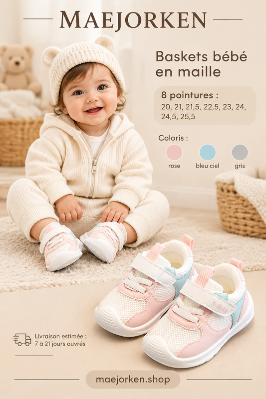 Baskets rose pastel en maille portées par un bébé, huit pointures, coloris rose bleu ciel gris et livraison estimée 7 à 21 jours ouvrés.
