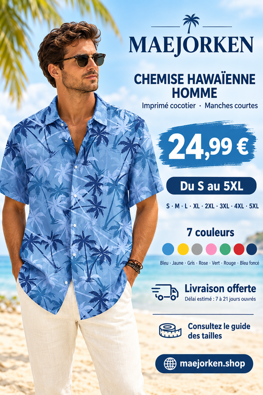 Affiche avec mannequin portant la chemise hawaïenne à cocotiers, prix 24,99 €, tailles S au 5XL et sept couleurs