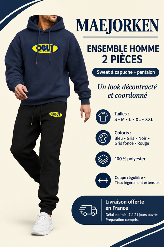 Ensemble homme sweat à capuche imprimé et pantalon, tailles S à XXL, cinq coloris, 100 % polyester, livraison offerte en France et délai estimé de 7 à 21 jours ouvrés préparation comprise.