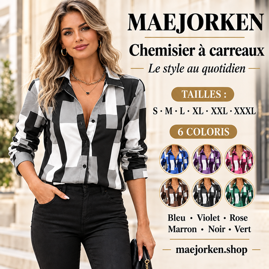 Affiche MAEJORKEN chemisier à carreaux avec mannequin, six coloris et tailles S à XXXL, sans prix ni promotion.