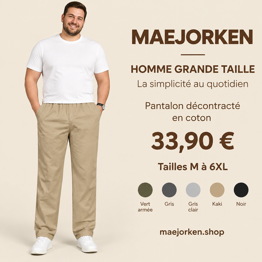 Mannequin homme grande taille en pied portant le pantalon décontracté beige, tailles M à 6XL, cinq coloris, prix 33,90 €.