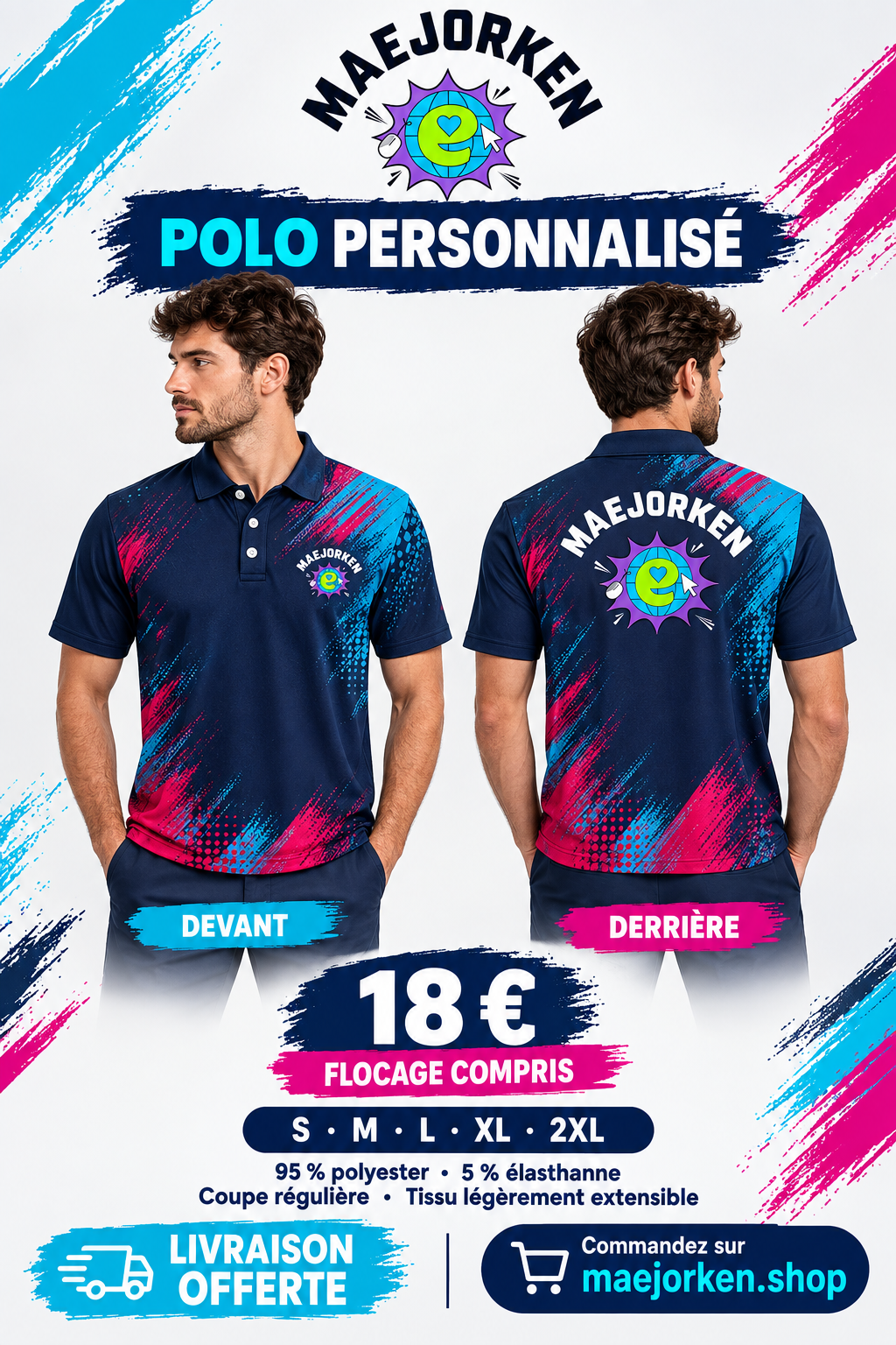 Polo marine cyan et magenta sur mannequin de face et de dos, logo complet au lettrage blanc et emblème coloré sur les deux côtés, 18 €, S à 2XL, flocage compris.