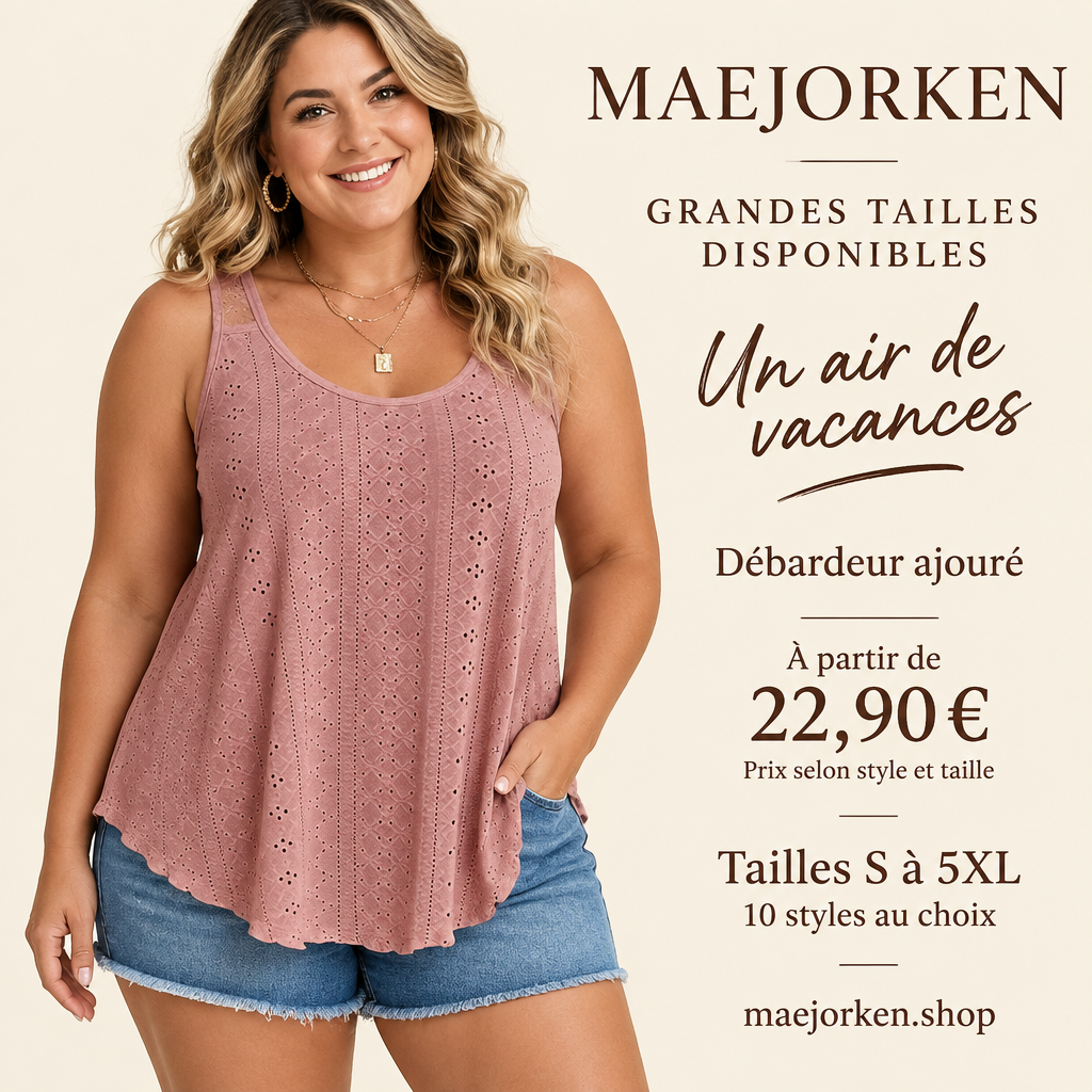 Mannequin portant un débardeur rose ajouré MAEJORKEN, tailles S à 5XL, dix styles, à partir de 22,90 € selon style et taille.