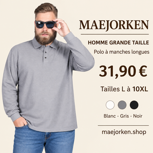 Homme grande taille portant le polo gris à manches longues, prix 31,90 €, tailles L à 10XL, coloris blanc, gris et noir.