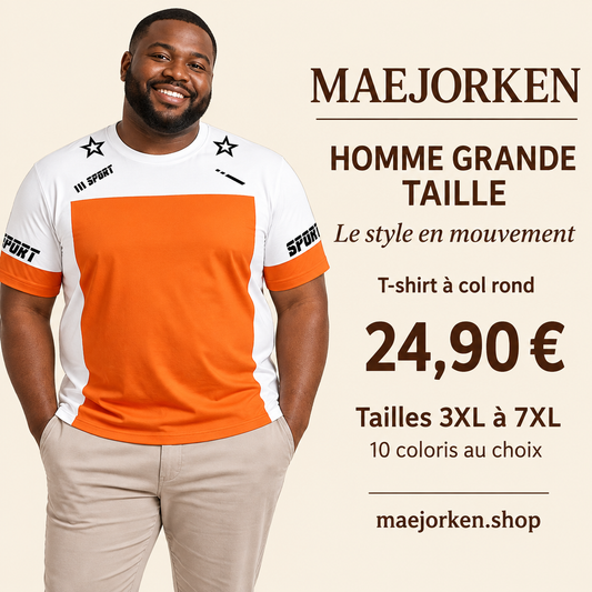 Mannequin homme grande taille portant le T-shirt orange et blanc à motifs sportifs, 3XL à 7XL, 24,90 €, dix coloris.