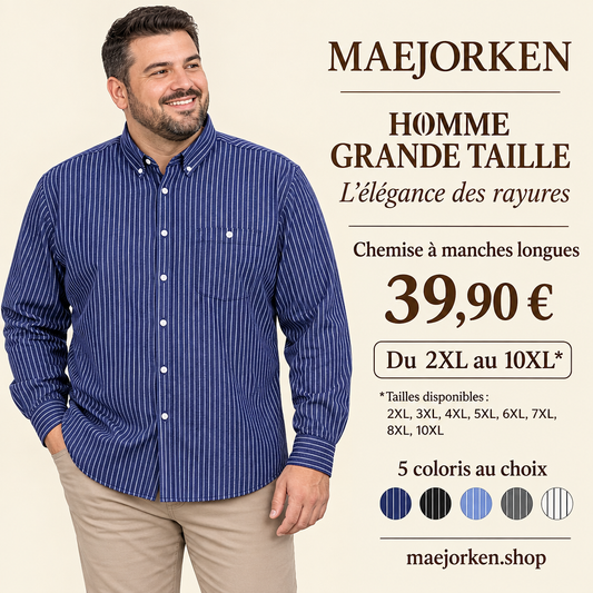 Mannequin homme grande taille portant une chemise bleu marine à fines rayures blanches, 39,90 €, tailles 2XL à 8XL et 10XL.