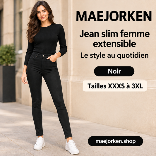 Affiche MAEJORKEN jean slim noir femme extensible avec mannequin, tailles XXXS à 3XL, sans prix ni promotion.