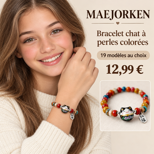 Bracelet chat à perles colorées MAEJORKEN porté par une mannequin adolescente, 12,99 €