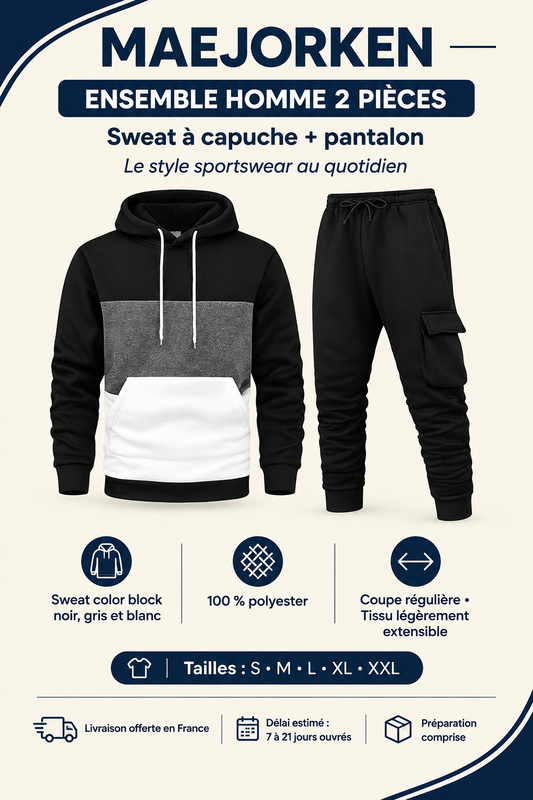 Ensemble homme sweat à capuche color block noir gris blanc et pantalon noir, tailles S à XXL, 100 % polyester, livraison offerte en France, délai estimé 7 à 21 jours ouvrés préparation comprise.