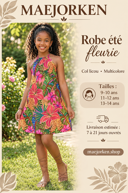 Robe été fleurie multicolore à col licou portée par une enfant, tailles 9-10, 11-12 et 13-14 ans, livraison estimée 7 à 21 jours ouvrés.