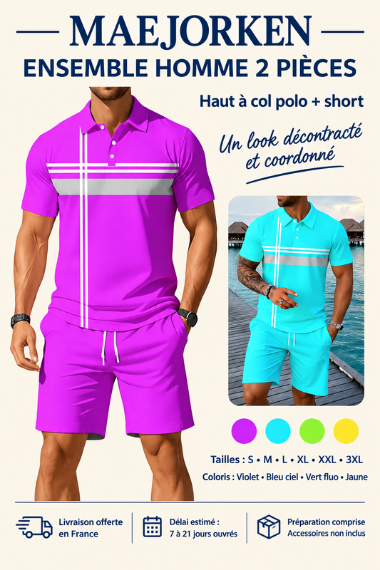 Ensemble homme haut à col polo et short, tailles S à 3XL, violet, bleu ciel, vert fluo et jaune, livraison offerte en France, délai estimé de 7 à 21 jours ouvrés préparation comprise.