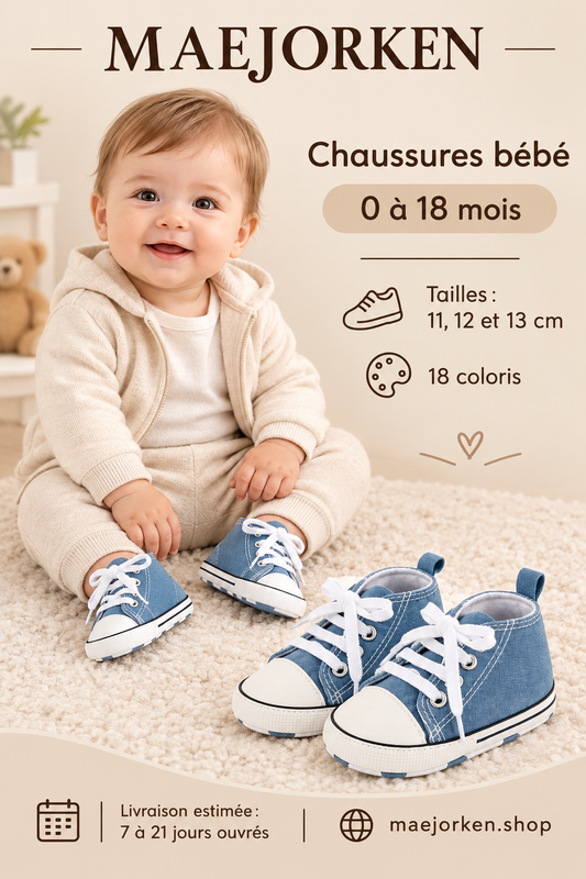 Affiche MAEJORKEN chaussures bébé bleues portées par un bébé habillé, 0 à 18 mois, tailles 11 12 et 13 cm, 18 coloris et livraison estimée de 7 à 21 jours ouvrés.