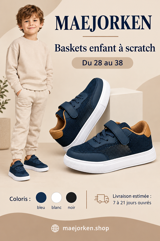 Affiche MAEJORKEN baskets enfant à scratch bleu marine avec mannequin enfant, coloris bleu blanc noir, pointures 28 à 38 et livraison estimée de 7 à 21 jours ouvrés.