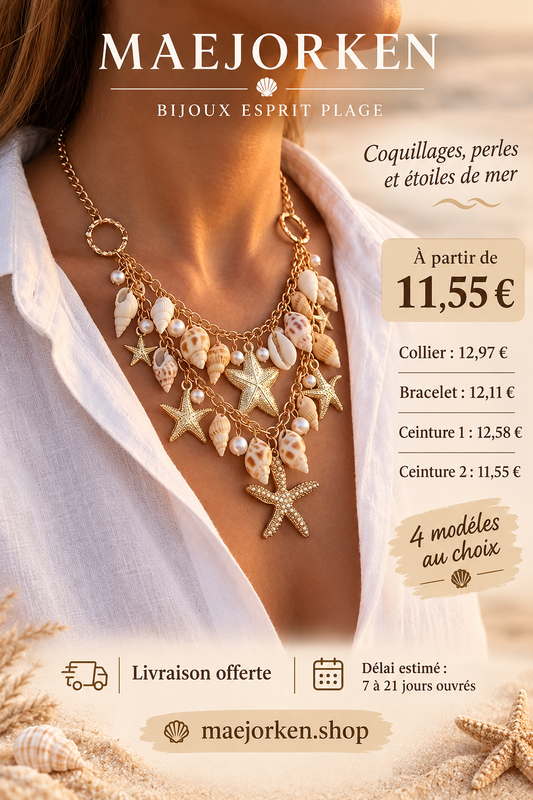 Collier coquillages et étoiles de mer porté, quatre modèles au choix à partir de 11,55 euros et livraison estimée 7 à 21 jours ouvrés