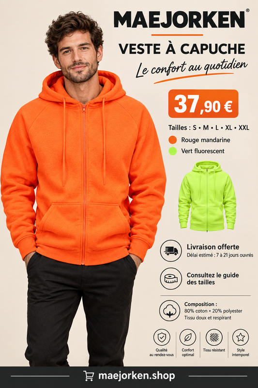 Veste à capuche rouge mandarine portée et coloris vert fluorescent, 37,90 euros, tailles S à XXL et livraison estimée 7 à 21 jours ouvrés