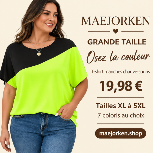 Mannequin portant le t-shirt noir et jaune à manches chauve-souris MAEJORKEN, 19,98 €, grande taille XL à 5XL, sept coloris.