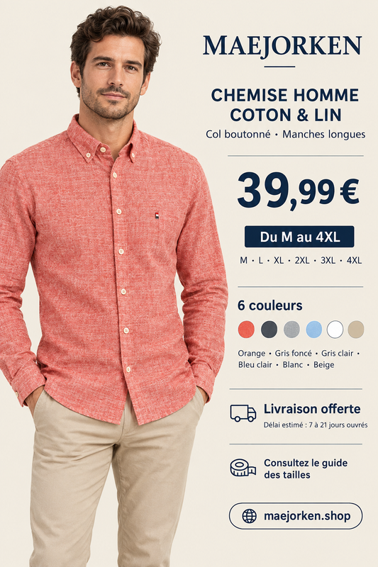 Affiche avec mannequin portant la chemise homme coton et lin, prix 39,99 €, tailles M au 4XL et six couleurs
