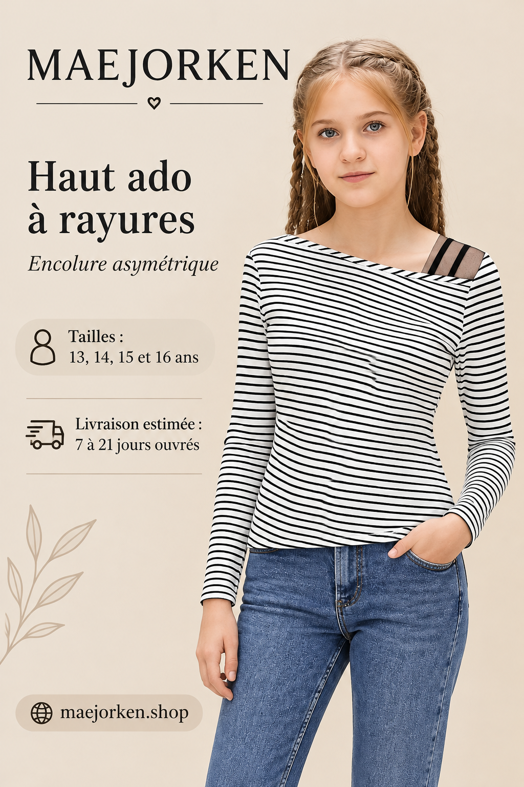 Haut blanc à fines rayures noires, manches longues et encolure asymétrique porté par une adolescente, tailles 13 à 16 ans.