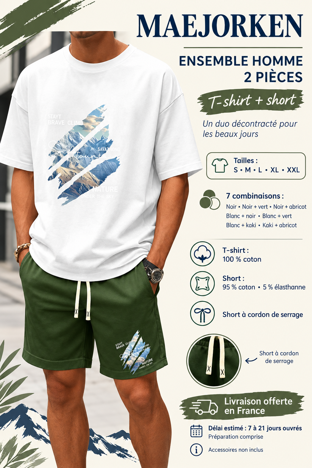 Ensemble homme t-shirt 100 % coton et short 95 % coton 5 % élasthanne, tailles S à XXL, sept combinaisons, délai estimé 7 à 21 jours ouvrés préparation comprise, livraison offerte en France.