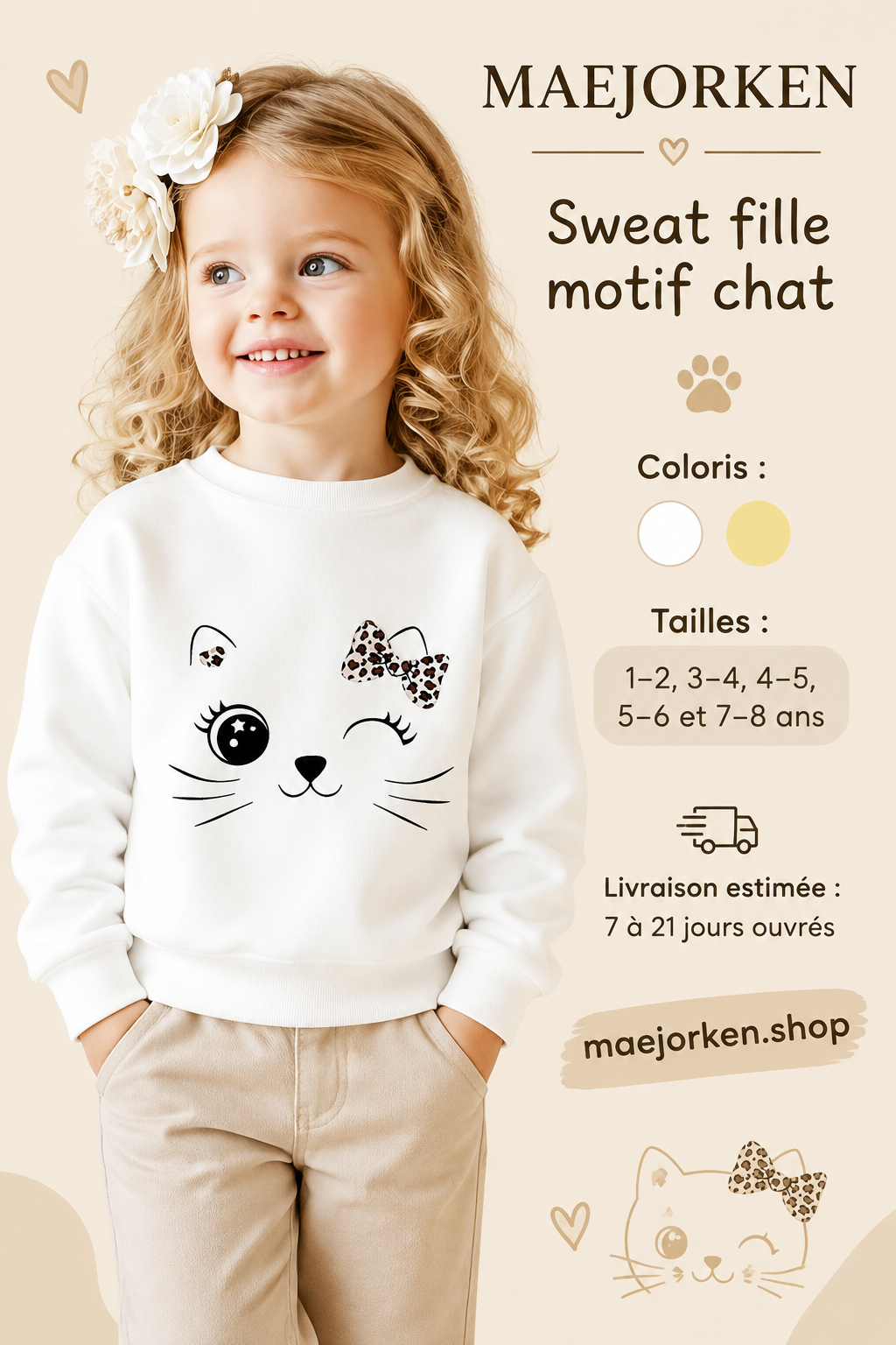 Sweat blanc motif chat avec nœud léopard porté par une enfant, cinq tailles de 1 à 8 ans, livraison 7 à 21 jours ouvrés.