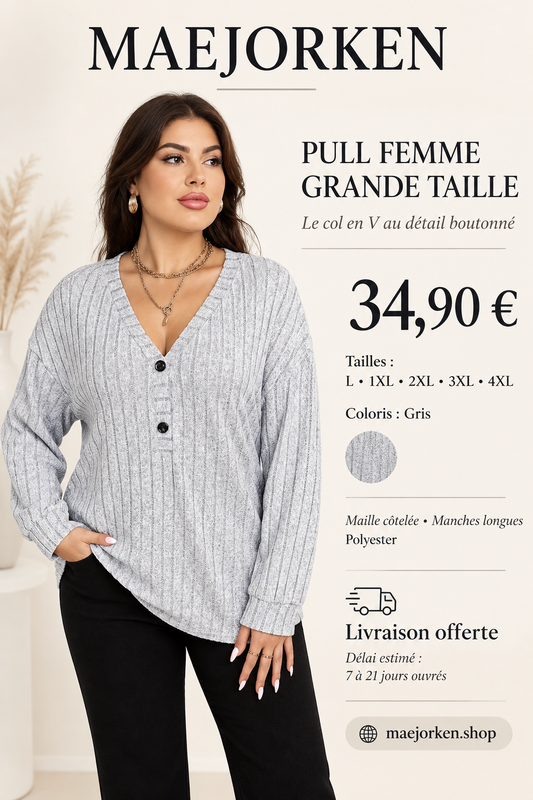 Affiche MAEJORKEN : pull femme gris à col en V boutonné à 34,90 €, tailles L, 1XL, 2XL, 3XL et 4XL.