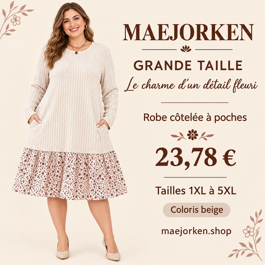 Mannequin portant une robe beige côtelée à poches et volant fleuri MAEJORKEN, tailles 1XL à 5XL, prix 23,78 €.