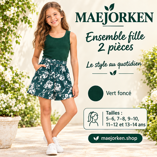Affiche MAEJORKEN ensemble fille deux pièces vert foncé avec mannequin, tailles de 5–6 à 13–14 ans, sans prix ni promotion.