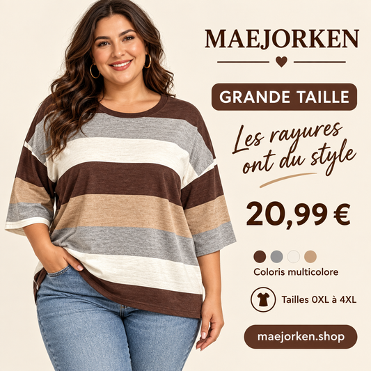 Mannequin portant le t-shirt rayé multicolore MAEJORKEN grande taille, 20,99 €, tailles 0XL à 4XL.