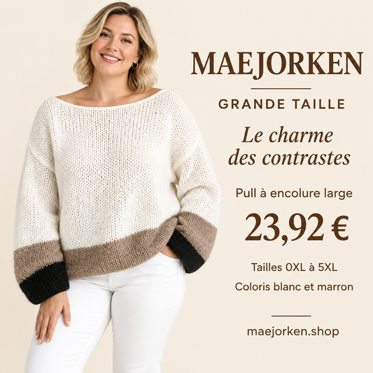 Mannequin portant le pull blanc et marron à encolure large et poignets noirs MAEJORKEN, tailles 0XL à 5XL, 23,92 €.