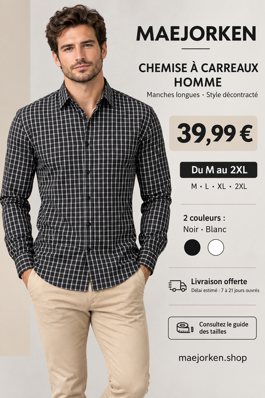Affiche chemise à carreaux homme avec mannequin, prix 39,99 €, tailles M au 2XL, couleurs noir et blanc