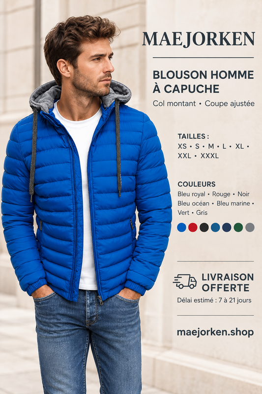 Mannequin portant le blouson bleu royal à capuche sur fond urbain clair, tailles XS à XXXL, sept couleurs, livraison offerte, délai estimé de 7 à 21 jours.