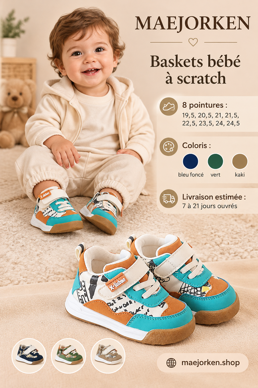 Baskets turquoise et camel portées par un jeune enfant, huit pointures, trois coloris, livraison estimée 7 à 21 jours ouvrés.