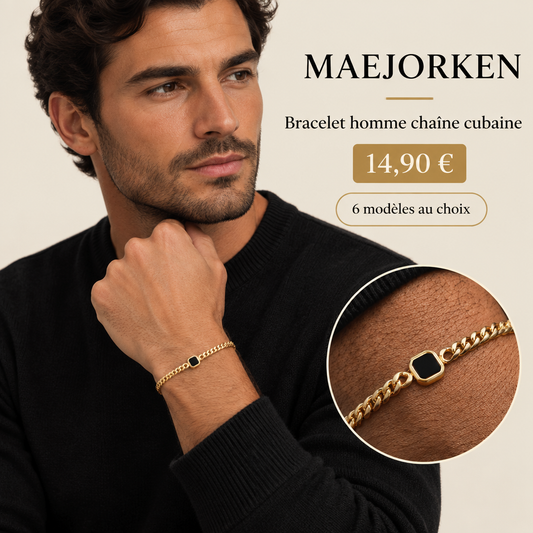 Bracelet homme chaîne cubaine MAEJORKEN porté par un mannequin, 14,90 €, six modèles au choix