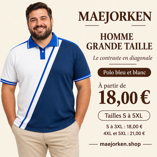 Mannequin homme grande taille portant le polo bleu et blanc à motif diagonal, S à 5XL, 18 € du S au 3XL et 21 € en 4XL et 5XL.
